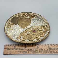 Crumrine Western Belt Buckle Cursive T Ruby Stone Silverplate Over Bronze Buckle