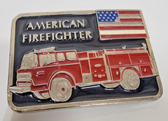 American Firefighter Belt Buckle Fire Truck & Flag Enamel Numbered Made in USA