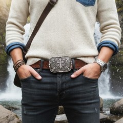 Men Women Western Belt Buckle Rusty Silver Metal Cross Religious Christian Look