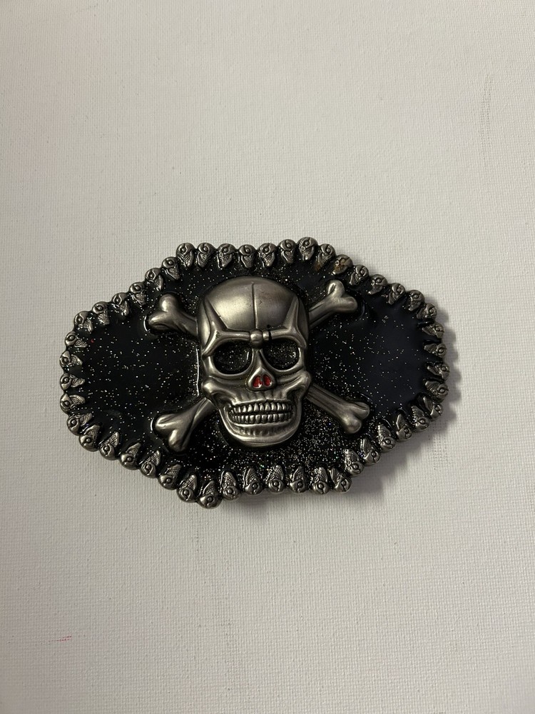Large Skull And Bones Belt Buckle Silver Chrome Black