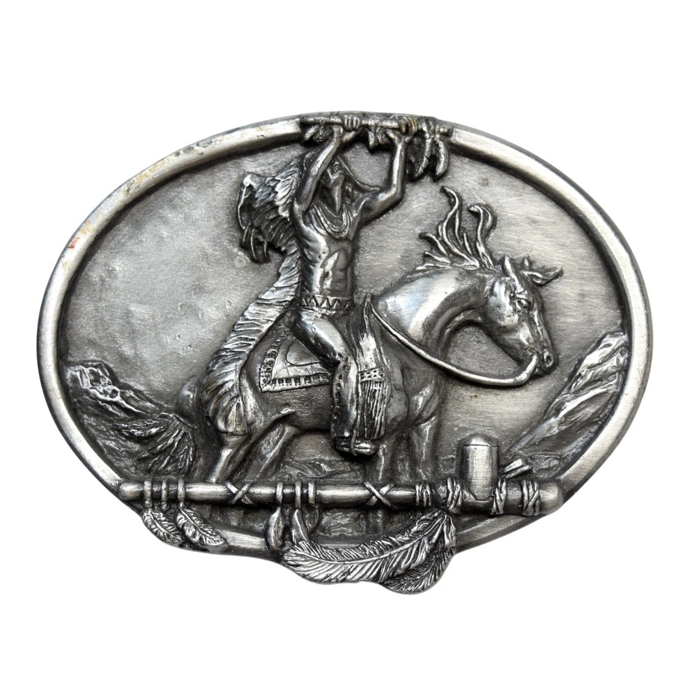 Vtg 1984 Siskiyou Pewter Belt Buckle Native American Warrior Horse Tribute R-29