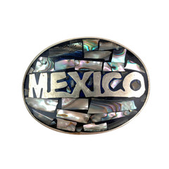 Vintage Mexico Belt Buckle Oval Abalone Shell Inlay Silver-Tone Western
