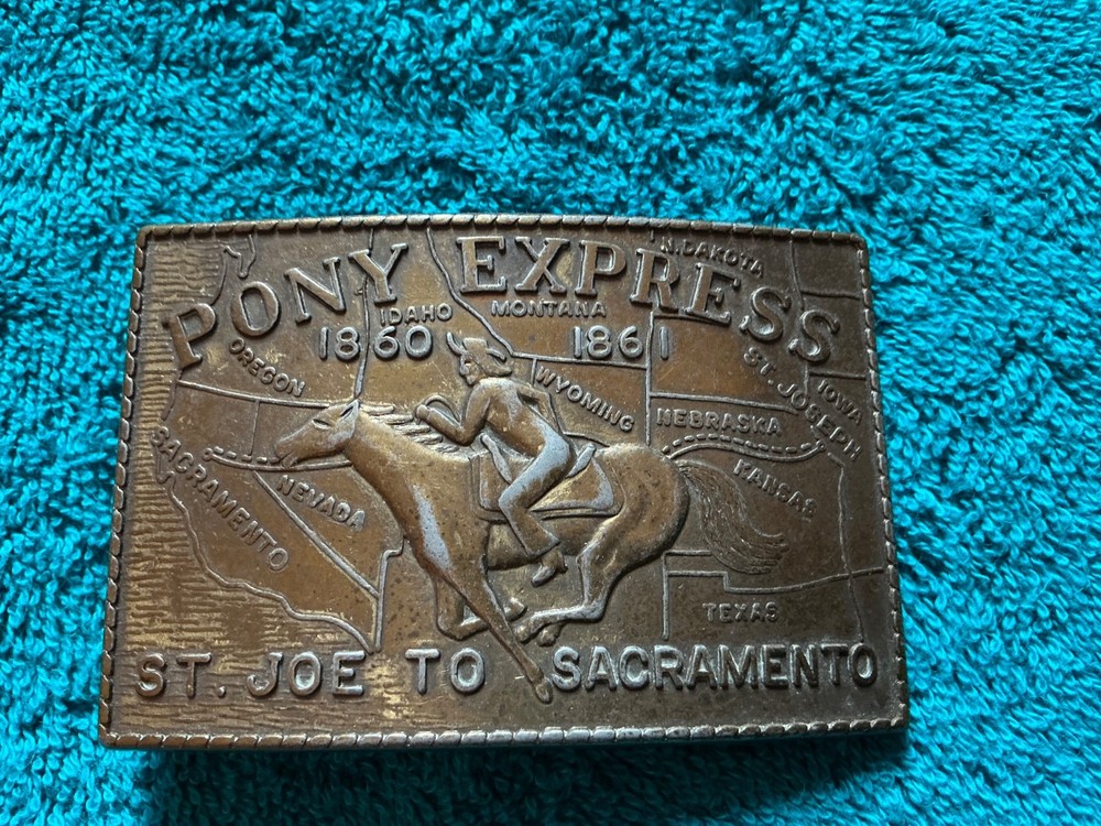 Vintage Brass 1974 8Pony Express Belt Buckle 3 1/2&Prime; Wide