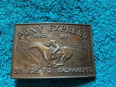 Vintage Brass 1974 8Pony Express Belt Buckle 3 1/2&Prime; Wide