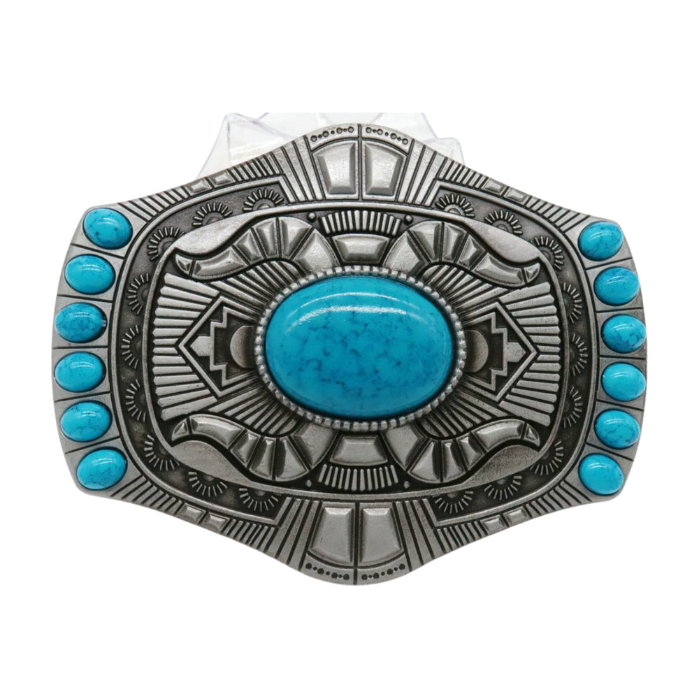 Men Women Silver Metal Buckle Western Cowboy Rodeo Fashion Turquoise Blue Beads