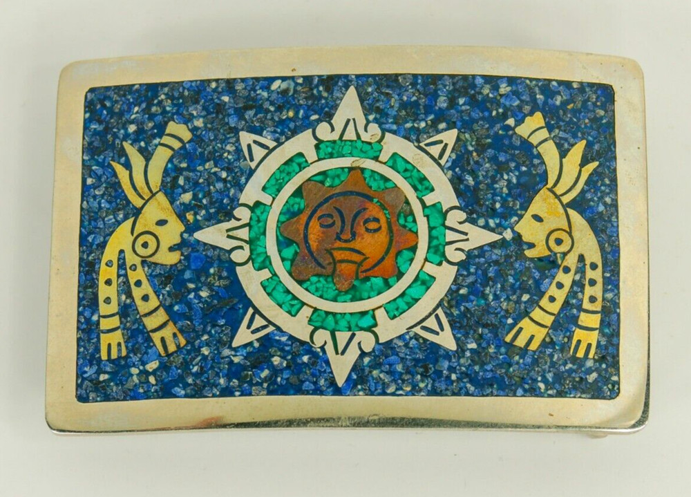 Aztec Sun Stone belt buckle western blue inlay on silver plate 3.5 inch