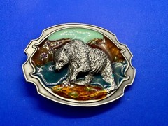 Southwestern Style Fishing Grizzly Bear Colorful Painted Belt Buckle
