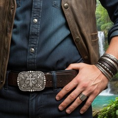 Men Women Western Fashion Belt Buckle Dark Silver Metal Cross Religious Jeans