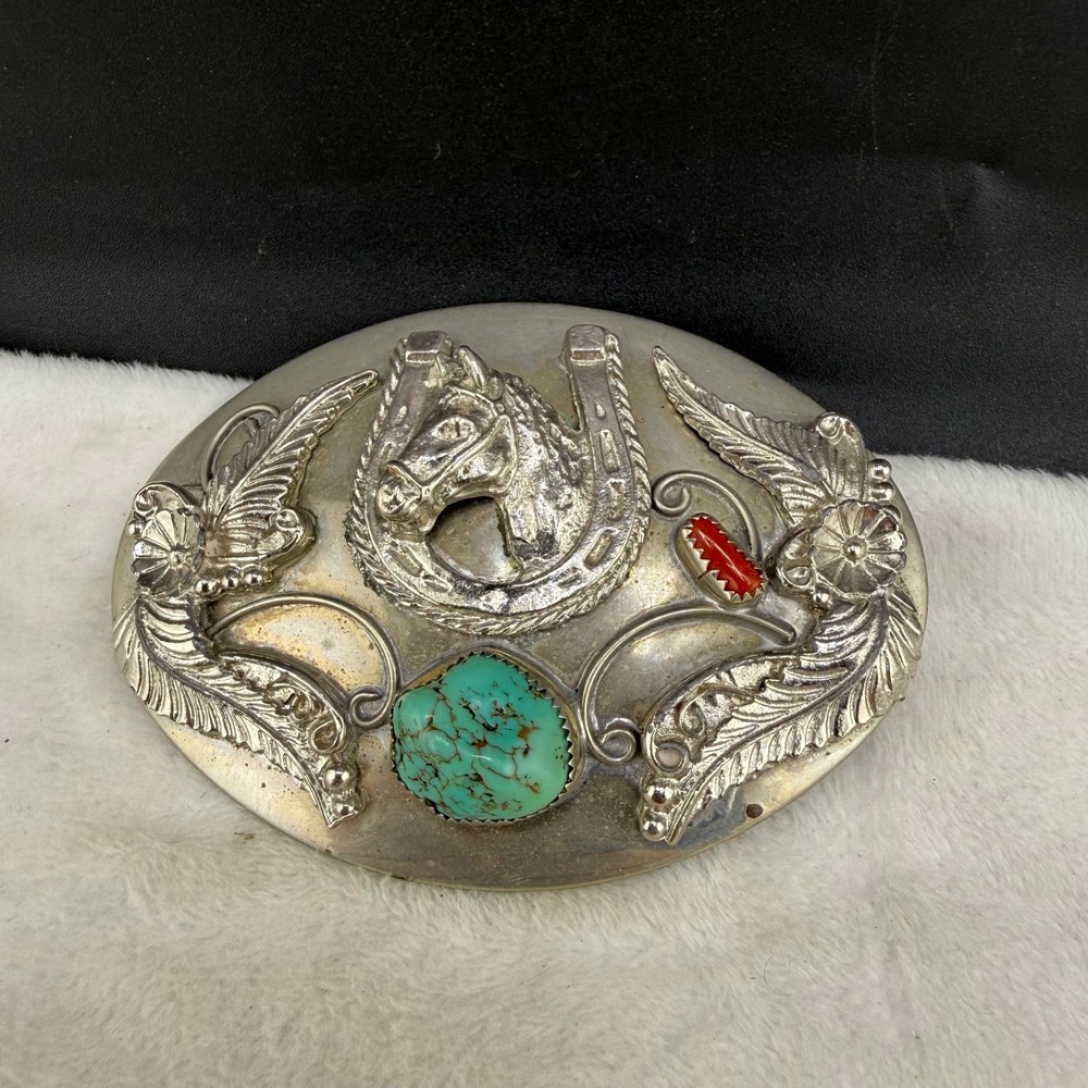 Vintage Western Belt Buckle Equestrian Red Green Polished Stone
