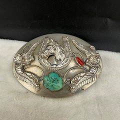 Vintage Western Belt Buckle Equestrian Red Green Polished Stone