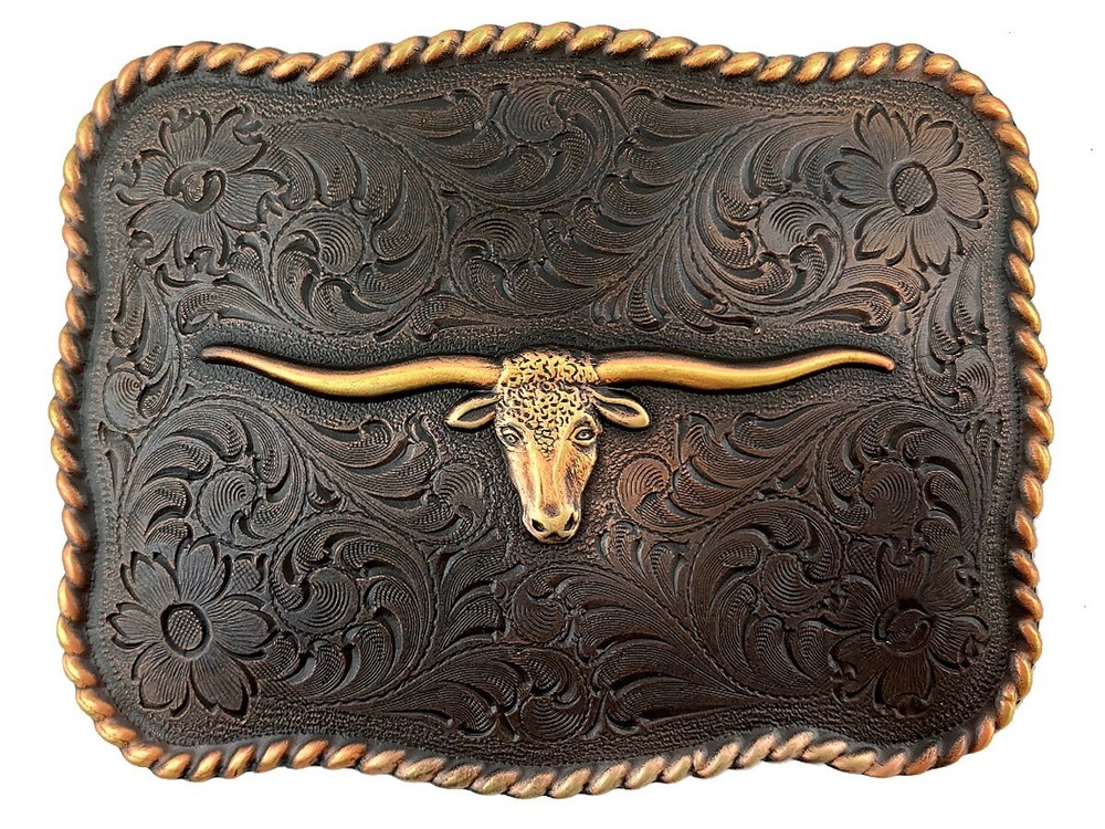 Western Cowboy Copper Longhorn Steer Flora Engraved Belt Buckle fits 1-1/2&Prime; belt