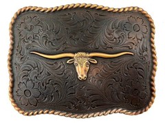 Western Cowboy Copper Longhorn Steer Flora Engraved Belt Buckle fits 1-1/2&Prime; belt