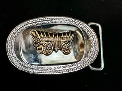 Vintage Covered Wagon On Reflective Oval Two Tone Western Belt Buckle