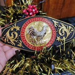 Rooster Western Men Long belt Buckle 7×3.25 Gold , red and black oblong