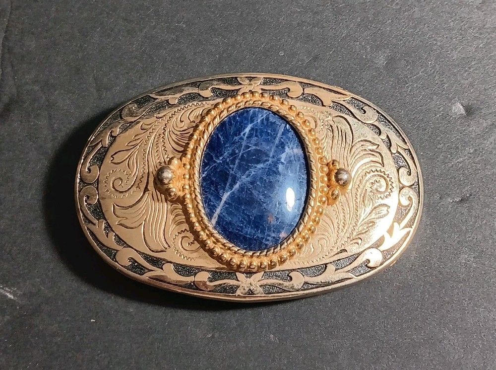 WESTERN COWBOY SILVER & GOLD BLUE MARBLE BELT BUCKLE