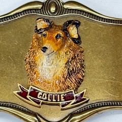 Vtg 1978 AHM Collie Dog Brass Belt Buckle Enamel 3D Relief Animal Collectible