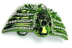 Washed Up Hollywood 1½” Pewter Plate Crystal Skull Head Belt Buckle Green Goth