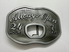 Always Open 24 / 7 Belt Buckle and Bottle Opener – Perfect Bar Pickup Line!