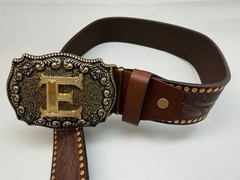 Antiqued Silver Letter Initial E Gold Classic Rectangle Flower Belt Buckle
