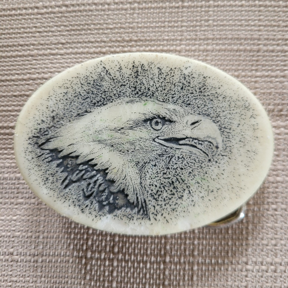 Vintage 80s Faux Scrimshaw Eagle Belt Buckle, Cultured Stone Western Wildlife