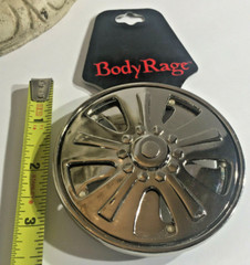Body Rage Spinning Tire Rim Wheel Spinner Cut-Out Alloy Belt Buckle Chrome New