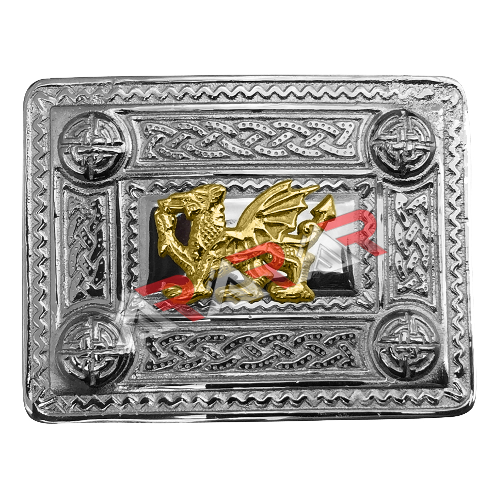 AAR Kilt Belt Buckle Celtic Design Chrome Finish with Welsh Dragon Badge Gold