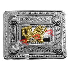 AAR Kilt Belt Buckle Celtic Design Chrome Finish with Welsh Dragon Badge Gold