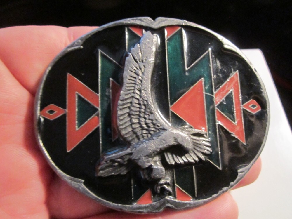 AMERICAN EAGLE WITH BLACK GREEN RED LACQUER BELT BUCKLE – HEAVY – GW-13
