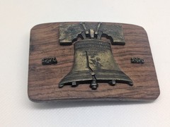 Vintage Unbranded 1776-1976 Wood Belt Buckle with Metal Liberty Bell & Dates