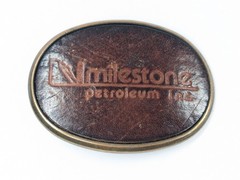 Milestone Petroleum Inc. Belt Buckle Brass Leather Inlay Vintage Oil Company