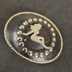 Vintage Trucker Girl Leather Belt Buckle Mudflap Silhouette Silver Studs Oval