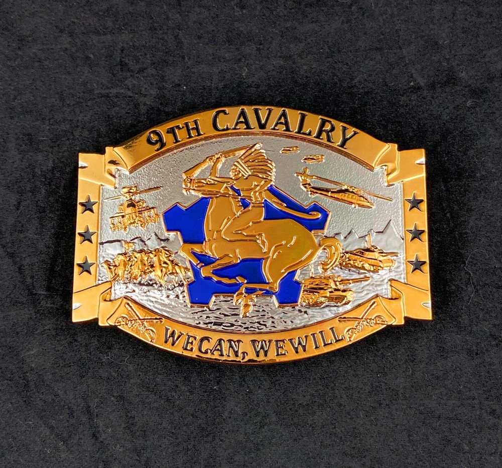 🌟US Army 9th Cavalry Unit Crest DUI Insignia, Silver & Gold Tone Belt Buckle