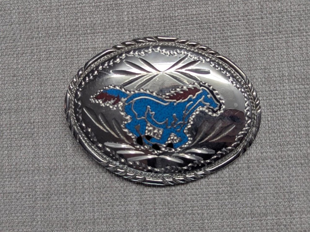 vintage USA made HANDCRAFTED belt buckle HORSE bronco TURQUOISE inlay WESTERN