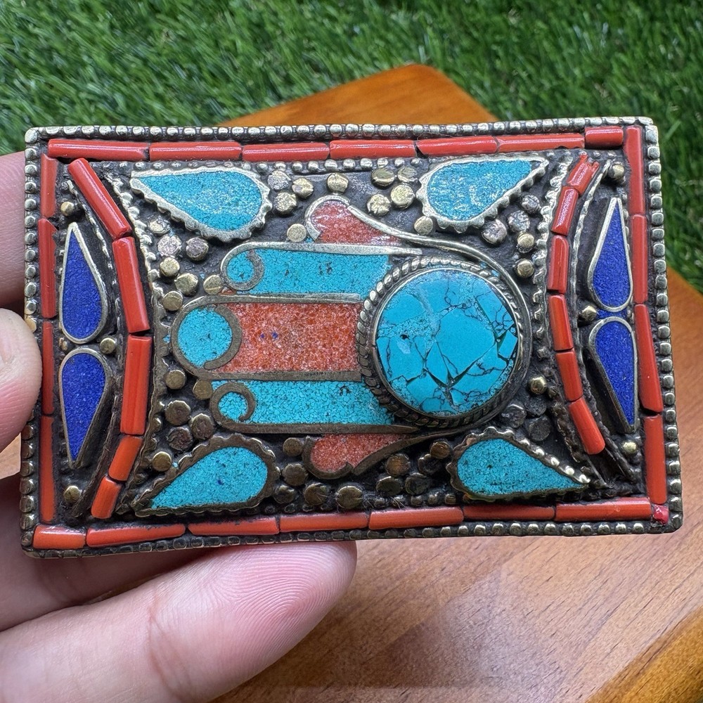 Vintage Tibetan Belt Buckle waist trap Turquoise Coral Clasp