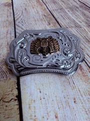 Pair Of Silver Metal Belt Buckles Eagle Seal Embossed Western Thunderbird Paint