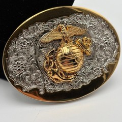 USMC Marine Corps Eagle Globe and Anchor Two Tone Gold Silver Belt Buckle EGA