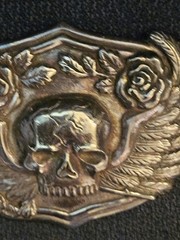 Vintage Silver Skull Belt Buckle With Wings And Roses Biker Gothic