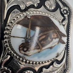 Vintage Western Horse Portrait Belt Buckle Silver Tone Floral Scrollwork Cowboy