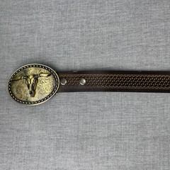 Bison Denim Brown Leather Belt 110cm 43 in Ornate Longhorn Buckle Western