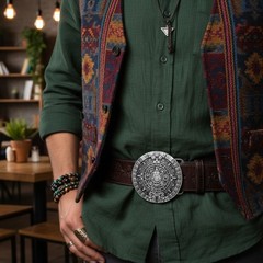 Men Women Belt Buckle Silver Metal Western Fashion Aztec Calendar Mayan Sunstone