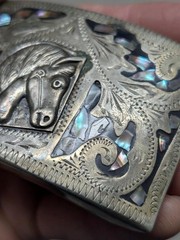 vintage WESTERN buckle belt HANDCRAFTED german silver ALPACA abalone HORSE