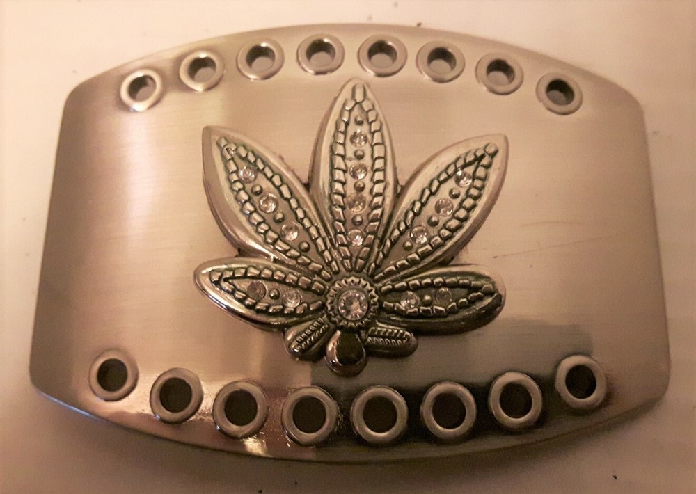 4&Prime; x 3&Prime; Stainless Steel w/Rhinestones Marijuana / Pot Leaf Belt Buckle