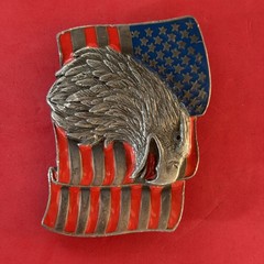 2 belt buckles 1986 American Firefighter, Eagle Flag 1990 Siskiyou Made in USA