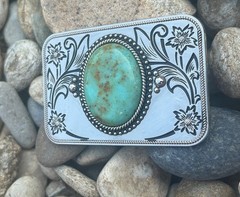Turquoise Stone Western Belt Buckle Silver Plated Cowgirl Agate 1.5in Snap Fit