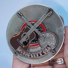 Music City USA Metal Belt Buckle By Jimm Watson Vintage Dated 1974 Record Guitar