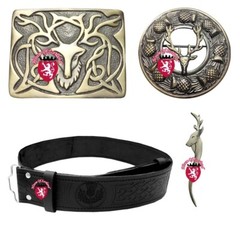 Men&rsquo;s Scottish Kilt Belt Buckle Thistle Embossed Highland Pin & Brooch Stag Head
