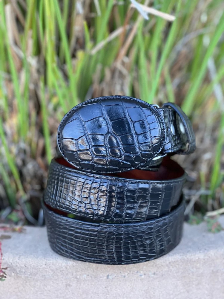 Genuine Exotic Alligator Caiman Belly Western Belt with Removable Buckle – Black