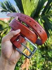 3.8CM Cognac 100% Genuine Ostrich Leather Skin Men Belt Buckle- Handmade