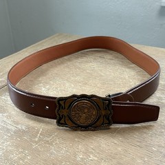 Brass BPOE ELKS Belt Buckle w/ Brown Leather Belt Size 34-36 Fraternal Order