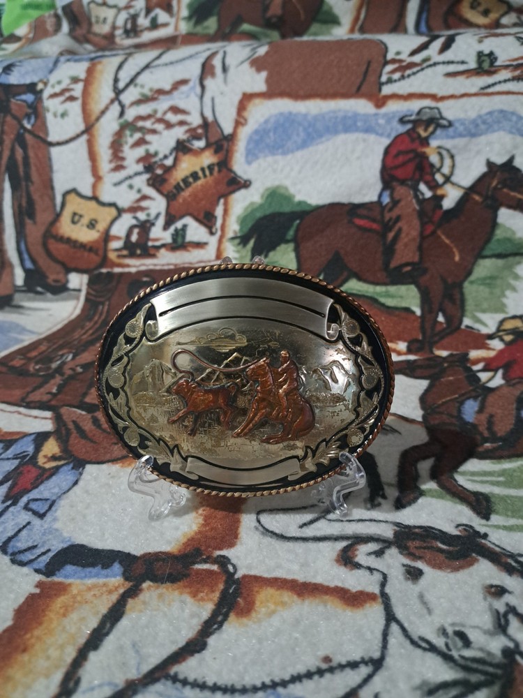 Vintage German Silver calf roping buckle with rope edge & 3 banners & roper